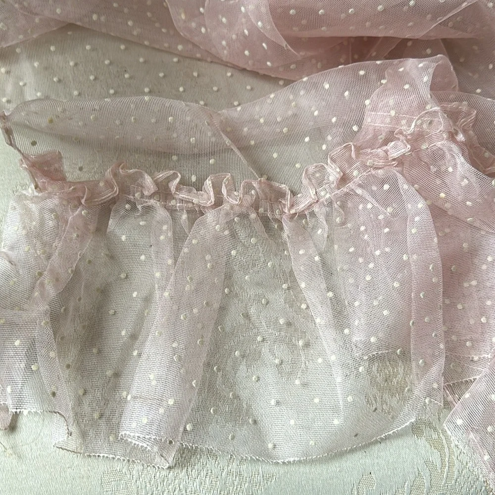 Vintage sheer pink w/white polka dots valence curtain set, circa 1960s